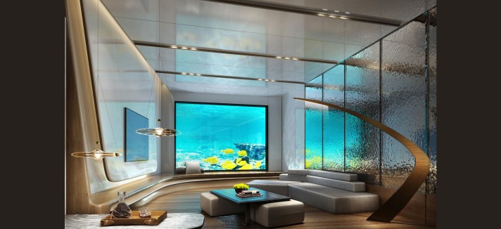 Aqui uma sala, também rodeada pela vida marinha
