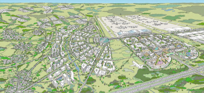 Um aeroporto rodeado por uma... cidade