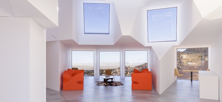 Os sofás vermelhos destacam-se