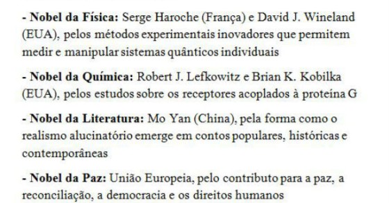 radiografia do dia: lista de vencedores dos prémios nobel este ano