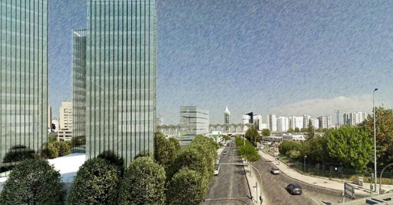 Futura torre de 92 metros à frente da Gare do Oriente em projeto - imagem divulgada pelo jornal Público.