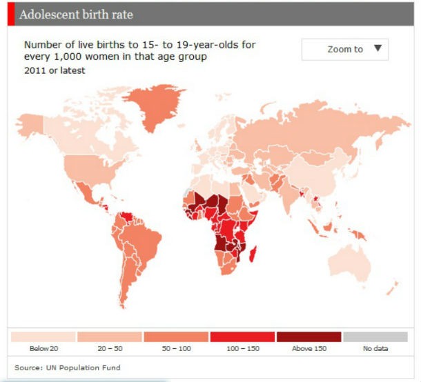 Fonte: The Economist Radiografia do dia: Percentagem de mães adolescentes (entre os 15 e os 19 anos) no mundo