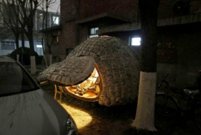 Casa ovo construída com bambu pelo estudante chinês Daihai Frei