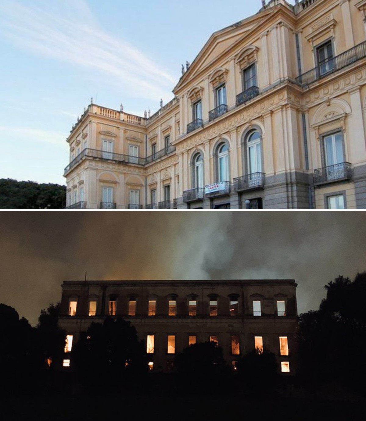 O antes e depois do Museu Nacional do Rio de Janeiro destruído pelo fogo