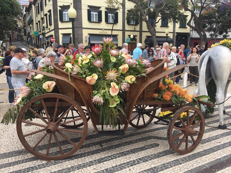 Mit Blumen geschmückter Paradewagen beim Blumenfest auf Madeira / Pixabay