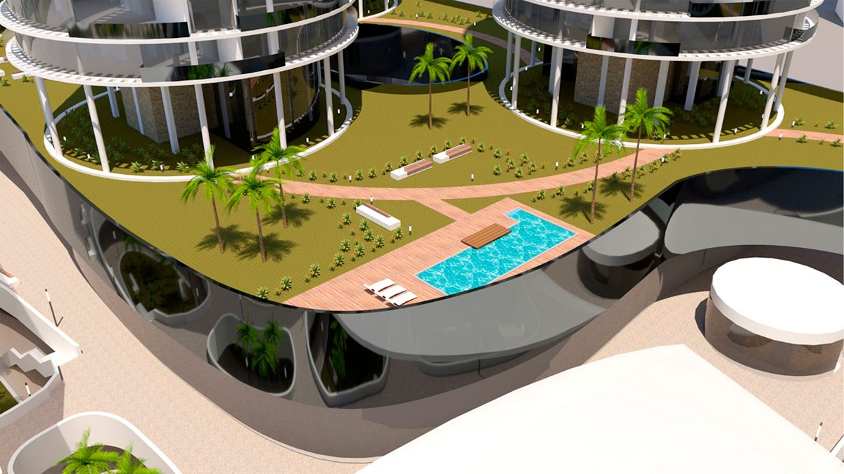 Empreendimento com zona comunitária e rodeado de relva acequia_piscina
