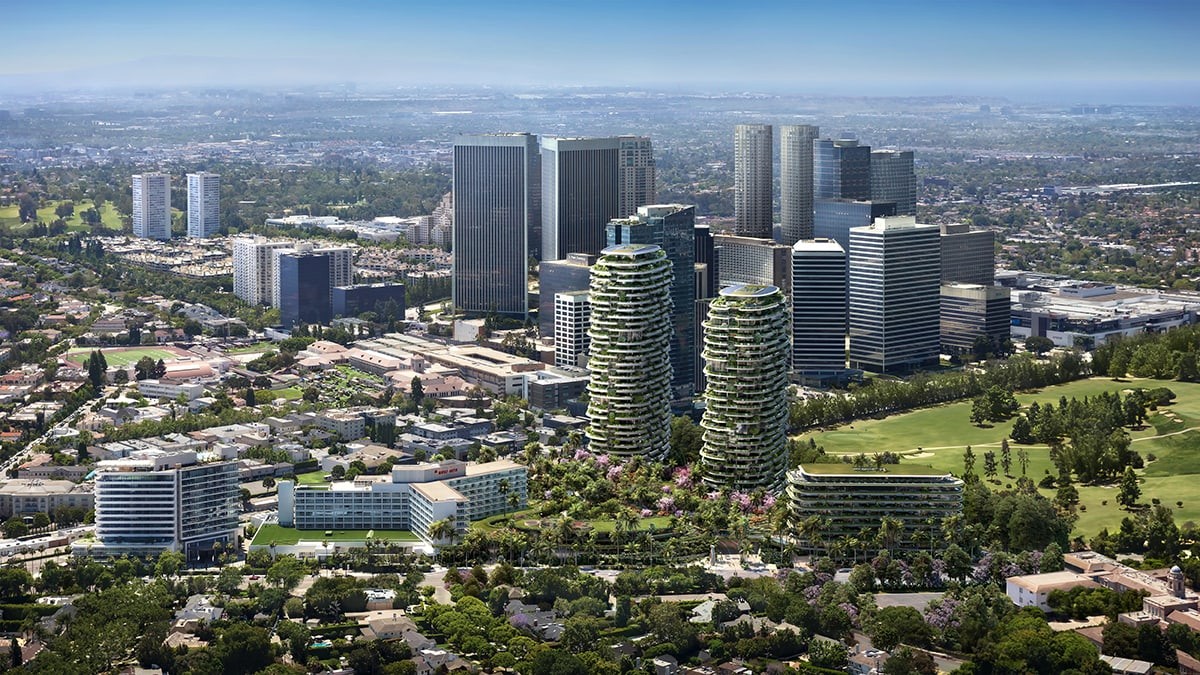 O novo projeto de Norman Foster em Beverly Hills com torres residenciais, hotel e jardim botânico