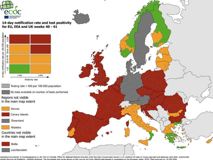 O semáforo da Covid-19 para se poder viajar pela Europa - maior parte do território no vermelho