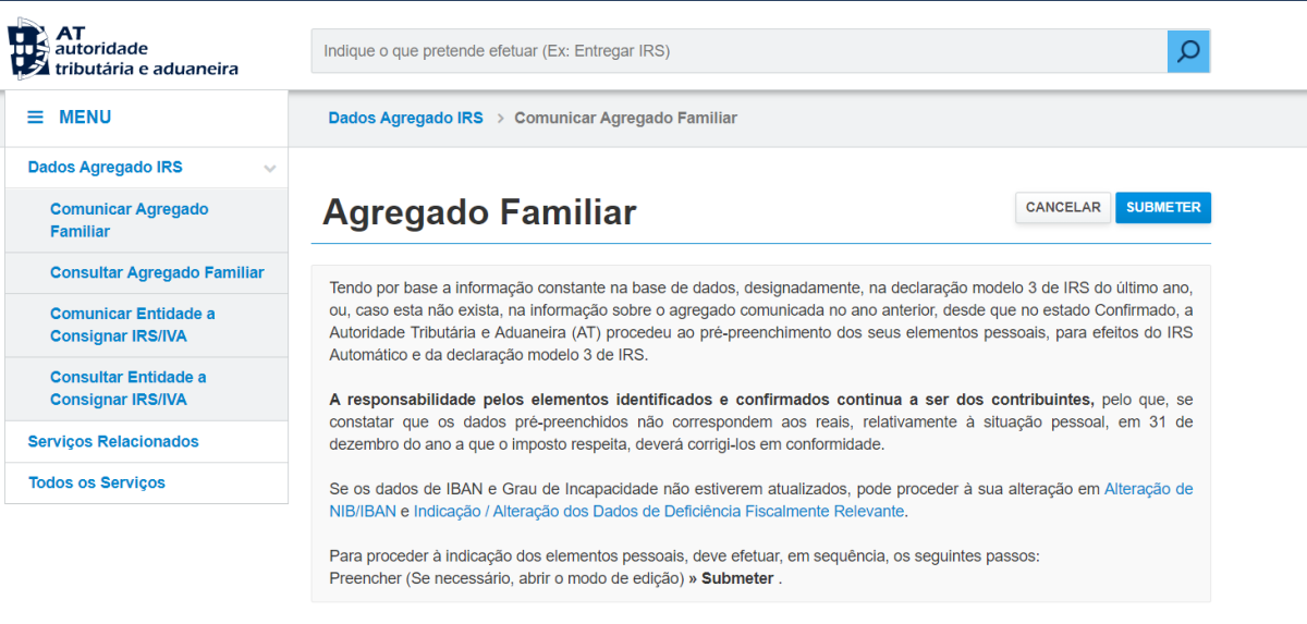 Comunicar agregado no portal das finanças