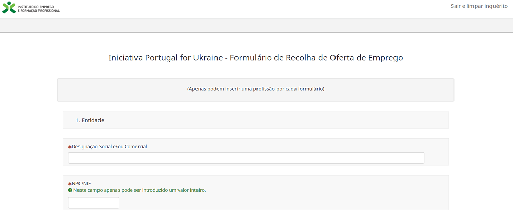 Formulário para abrir oferta de emprego