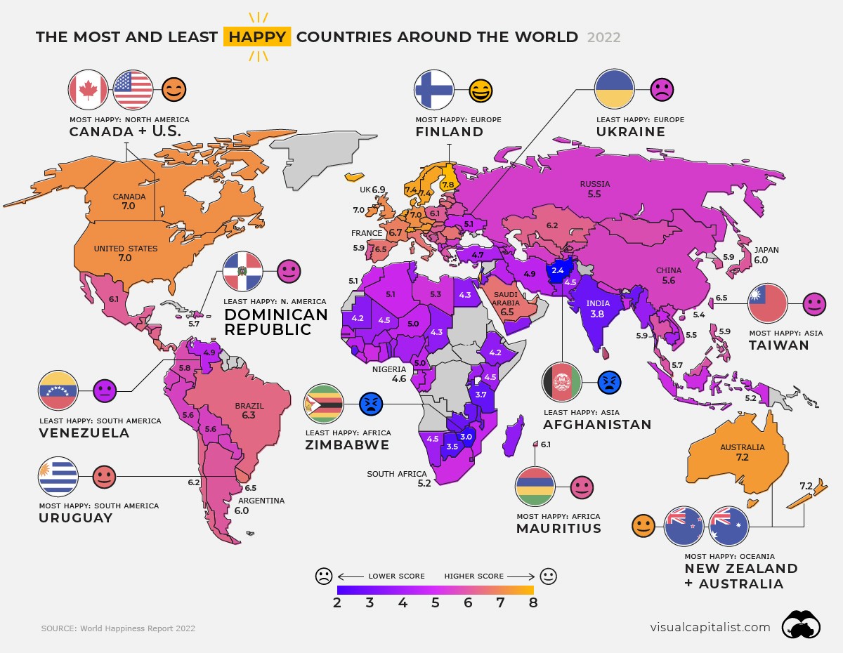 Países mais felizes e infelizes do mundo