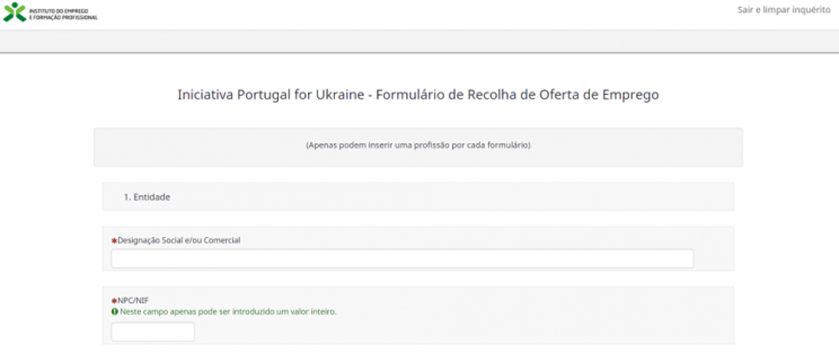 Formulário para empresas IEFP - Portugal for Ukraine