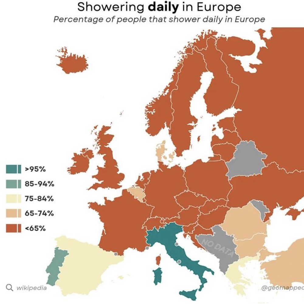 Em que países da Eurpa as pessoas tomam mais vezes banho