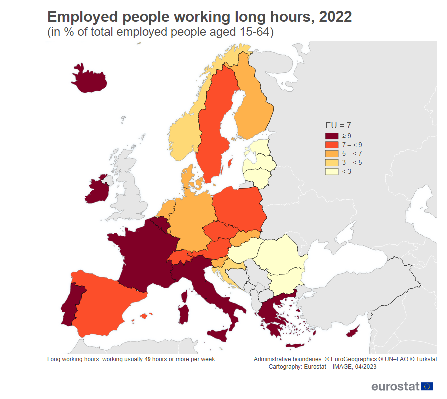 Horas de trabalho por semana nos países da UE