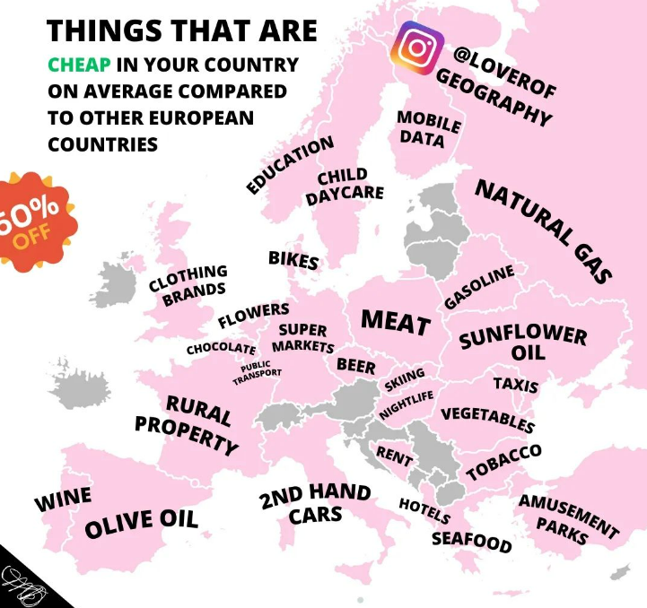 Mapa de Europa donde qué cosas son más baratas de comprar