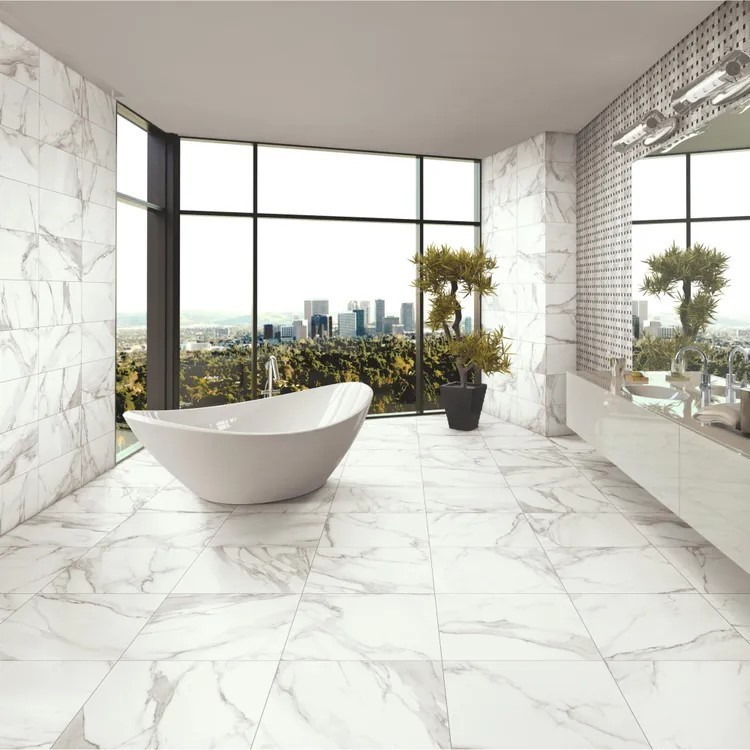 Casa de banho elegante e prática: o efeito mármore veio para ficar