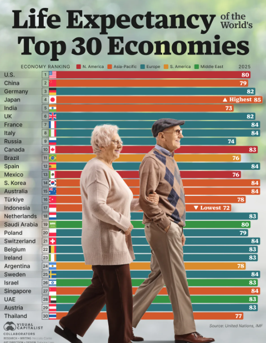 Esperança de vida nas 30 maiores economias do mundo