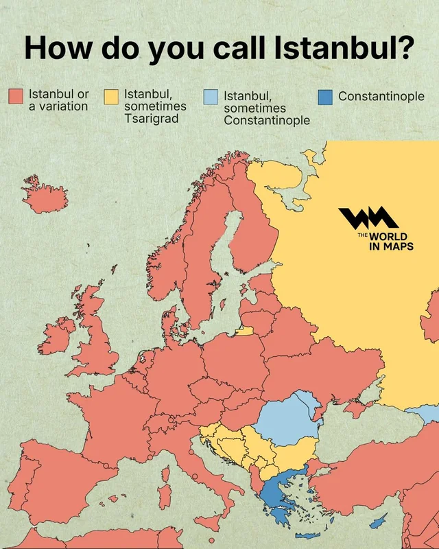 Mapa de Europa con las distintas denominaciones que recibe Estambul.