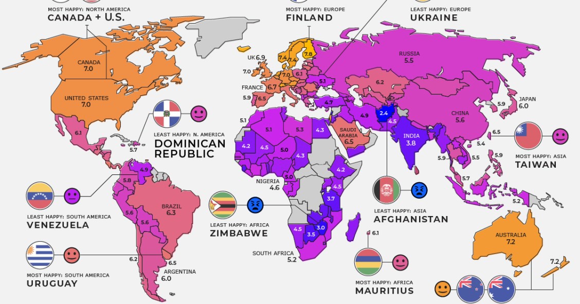 Países mais felizes e infelizes do mundo