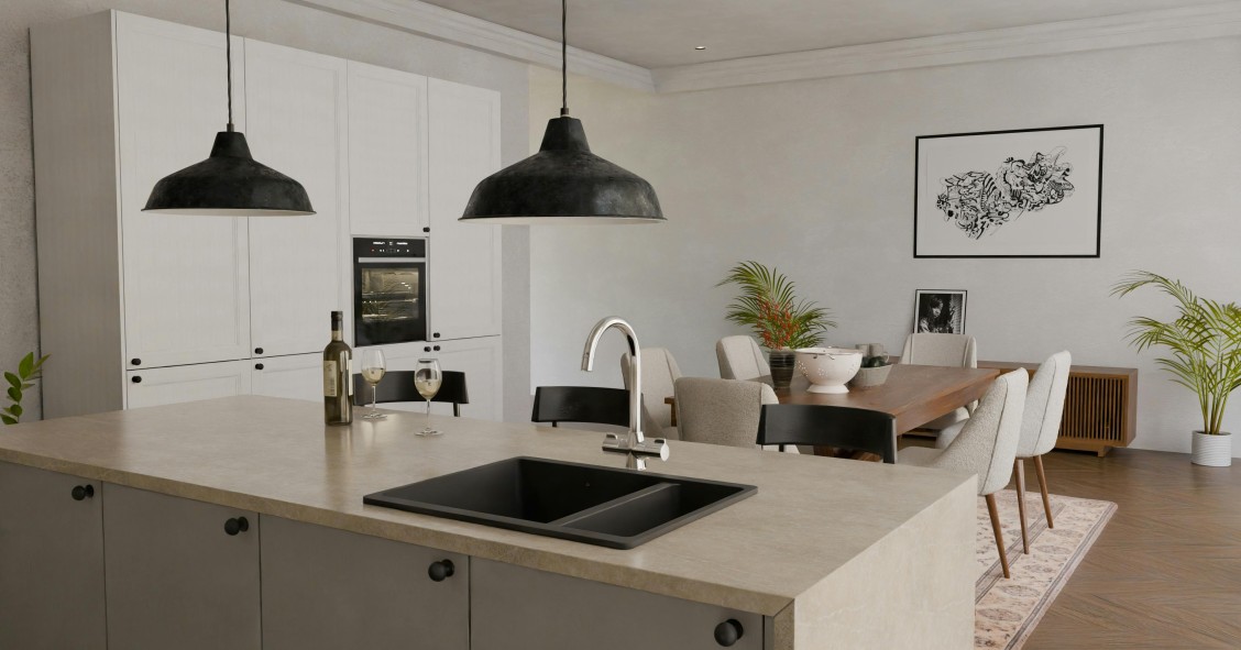 Cozinha com ilha e mesa