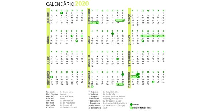 Calendário de 2020: os feriados e pontes para começar a planear este ano