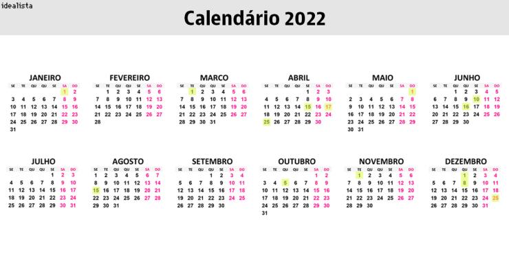 Calendário e feriados 2022