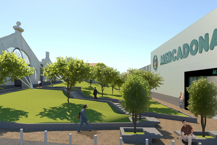 Jardim de utilização pública, que ficará situado entre a fachada da antiga Fábrica de Sá e da loja Mercadona. / Mercadona